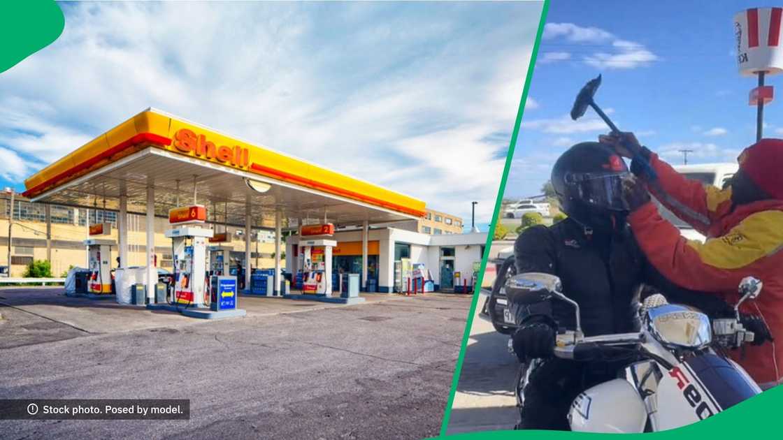 Petrol attendant attends to biker Petrol attendant attends to biker