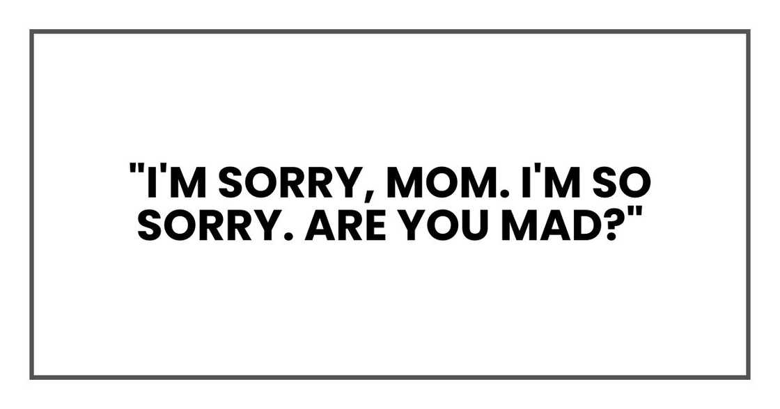 "I'm sorry, Mom. I'm so sorry. Are you mad?" "I'm sorry, Mom. I'm so sorry. Are you mad?"