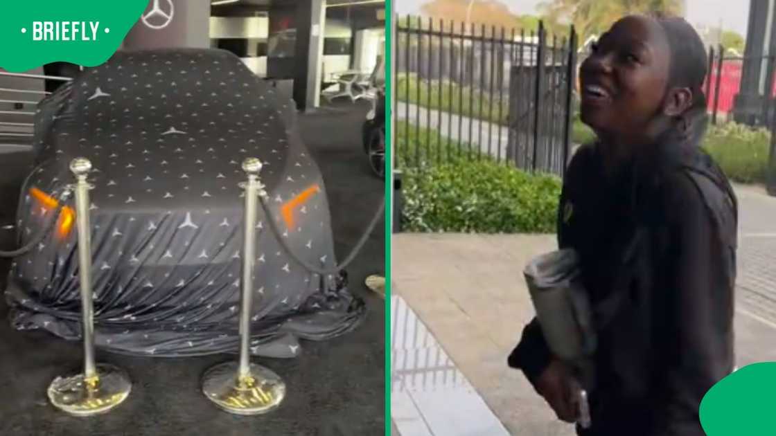 A girl celebrates as she's gifted a new car by her parents.