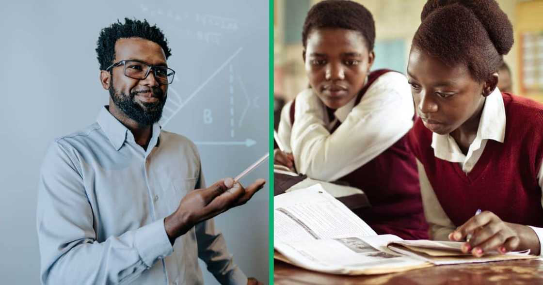 A school teacher and high school learners in a classroom A school teacher and high school learners in a classroom