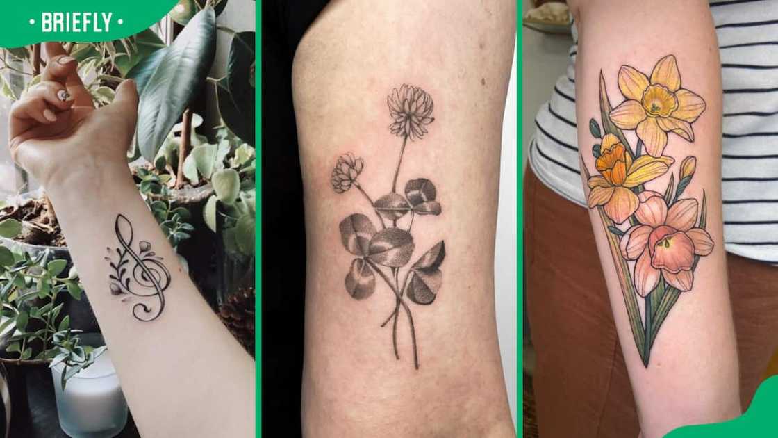 Flower and music note (L), clover (C) and daffodil flower tattoo (R) Flower and music note (L), clover (C) and daffodil flower tattoo (R)