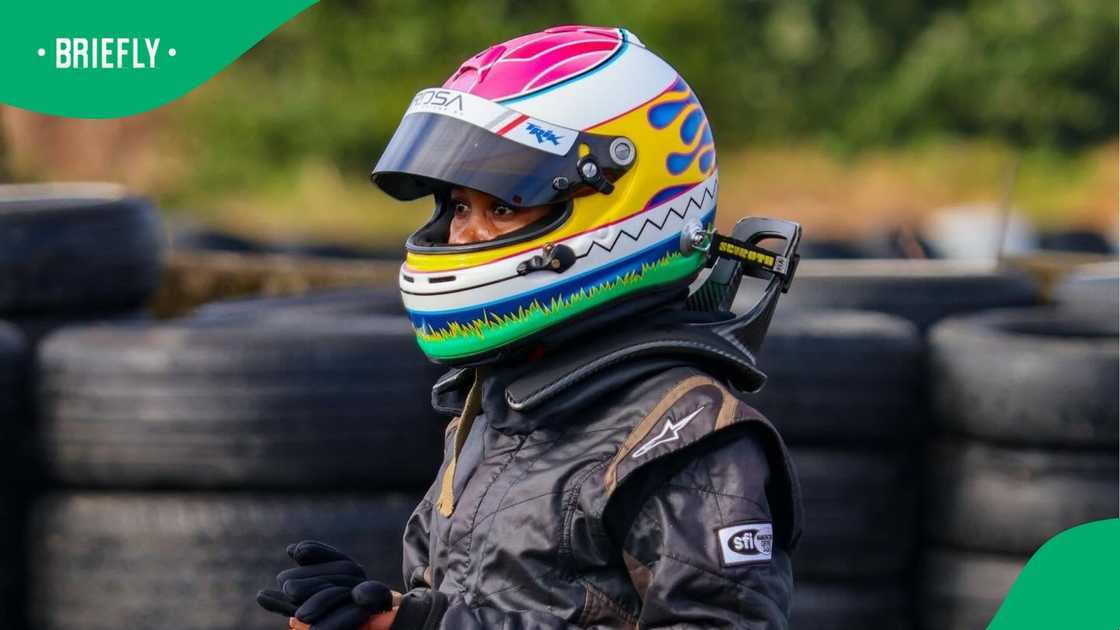 Simphiwe prepared for the race in her colourful helmet and racing gear Simphiwe prepared for the race in her colourful helmet and racing gear