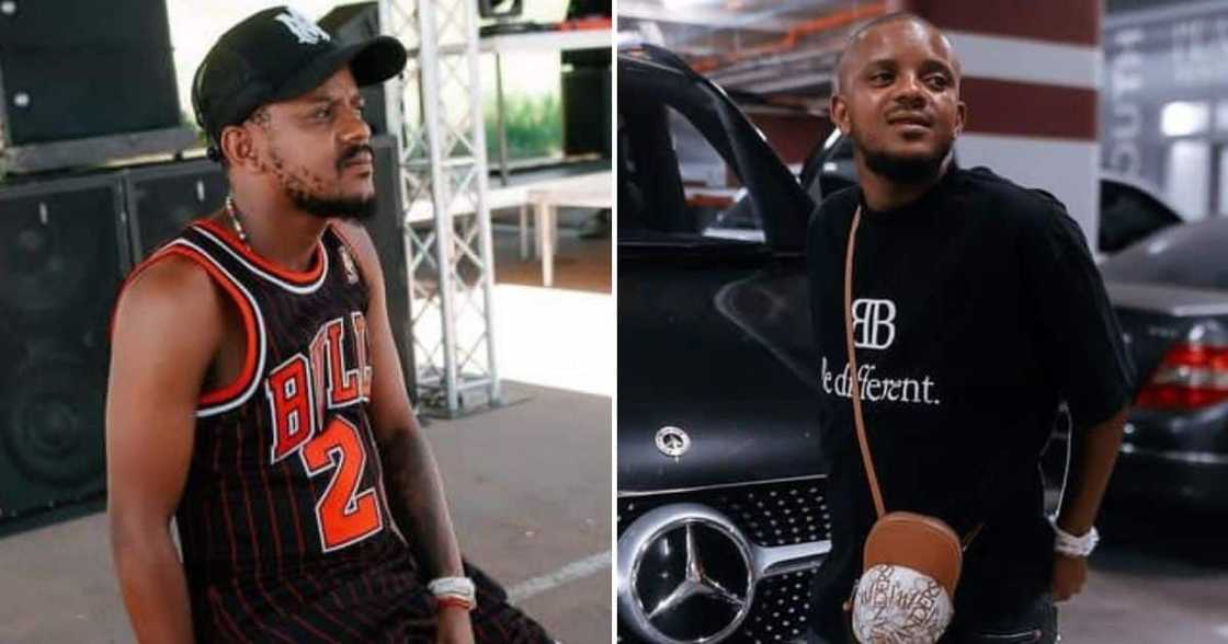 Kabza De Small was caught in a video making fun of a friend's "fake" jacket. Kabza De Small was caught in a video making fun of a friend's "fake" jacket.