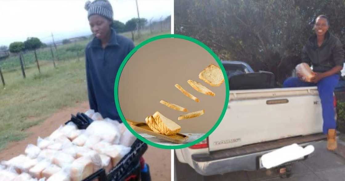 Woman shows progress after selling bread in a wheelbarrow. Woman shows progress after selling bread in a wheelbarrow.