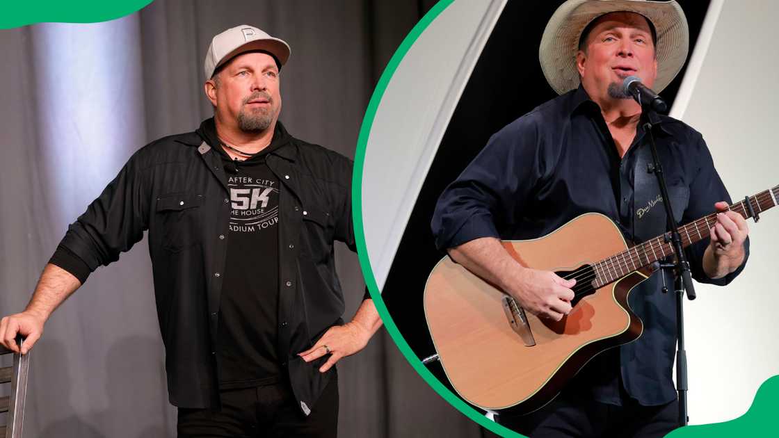 Garth Brooks speaks onstage at 'A Conversation with Garth Brooks' at Omni Nashville Hotel (L) and he performs during the 54th Anniversary Nashville Songwriters Hall Of Fame Gala (R)