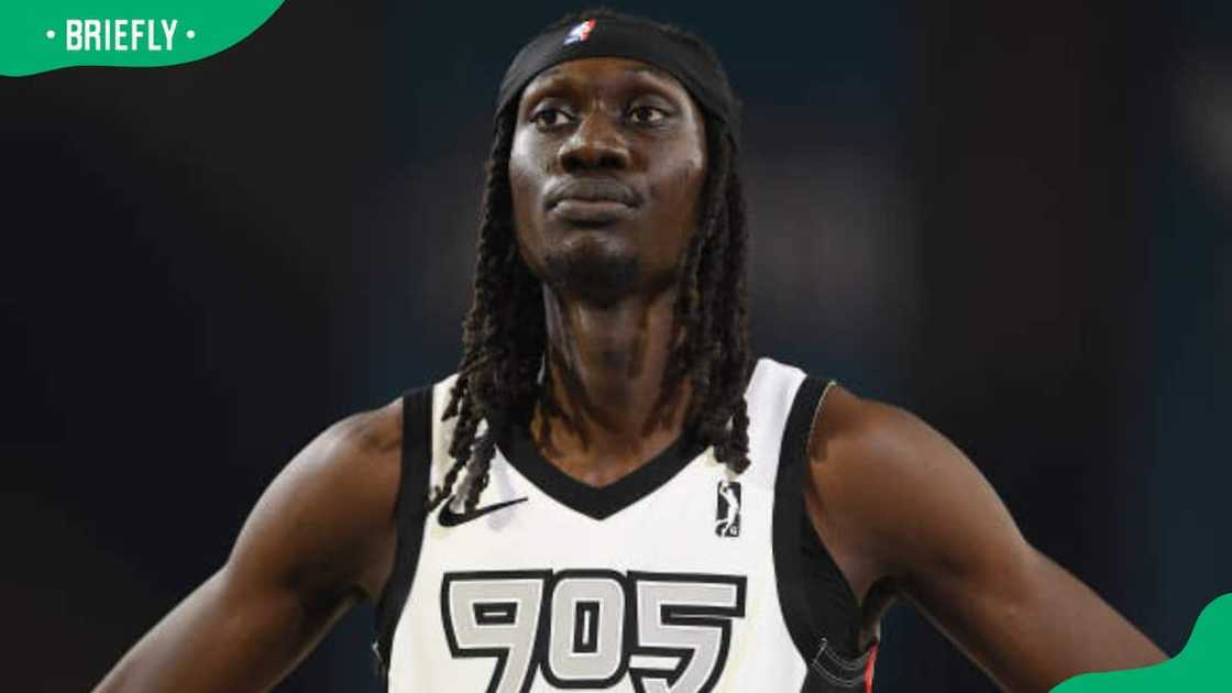 Mouhamadou Gueye looks on during the game against the Greensboro Swarm Mouhamadou Gueye looks on during the game against the Greensboro Swarm