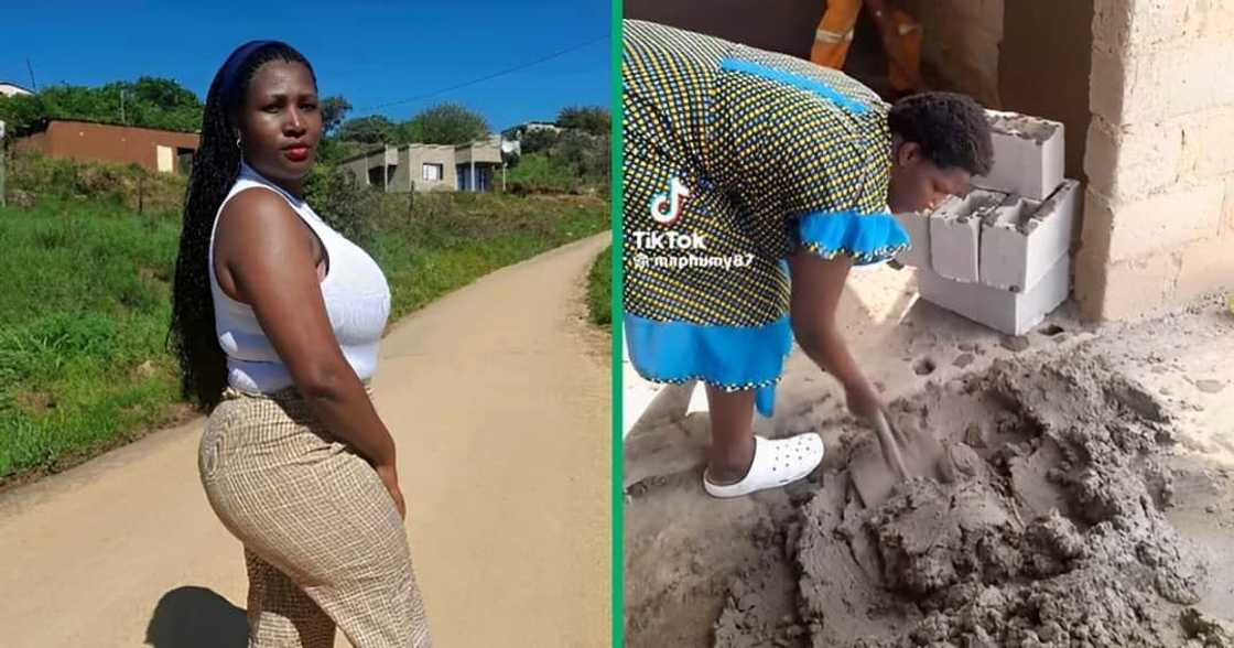 A South African woman mixing building cement