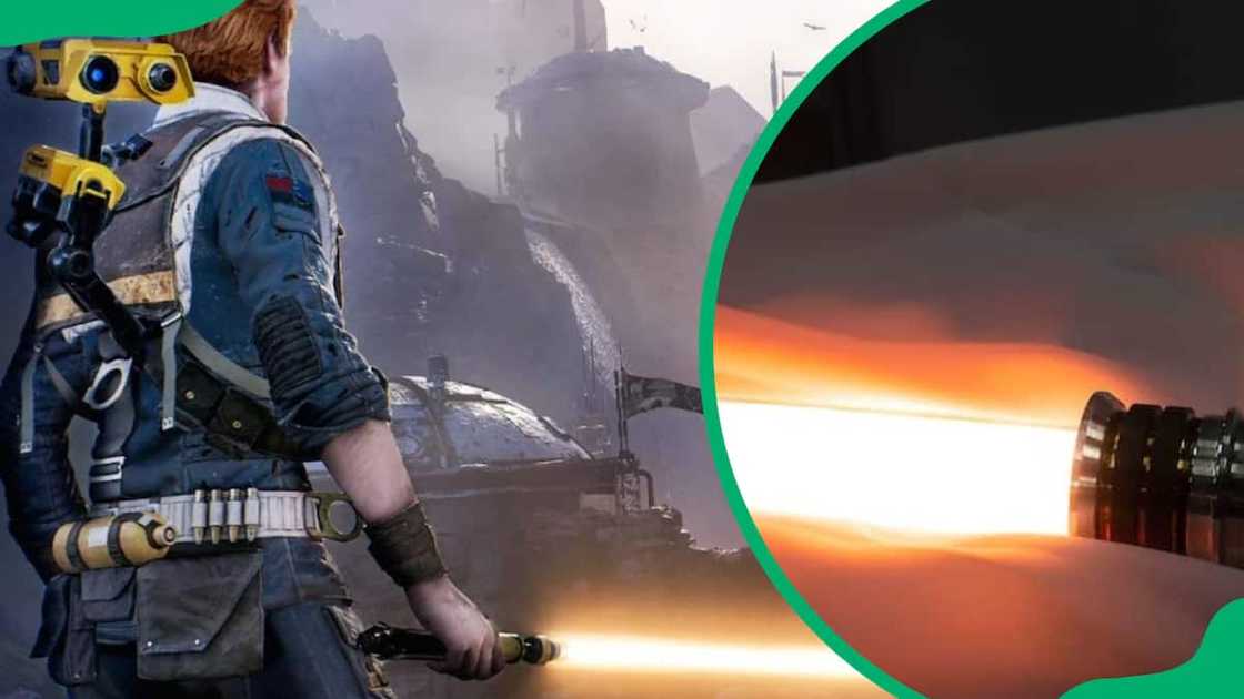 A man wielding an orange lightsaber A man wielding an orange lightsaber