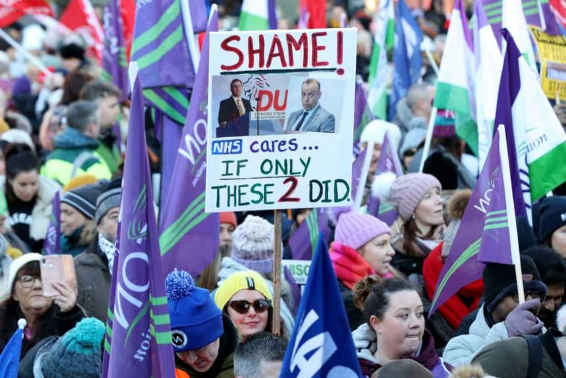Workers in N. Ireland demanded the Assembly reopen so public funds could be unlocked Workers in N. Ireland demanded the Assembly reopen so public funds could be unlocked