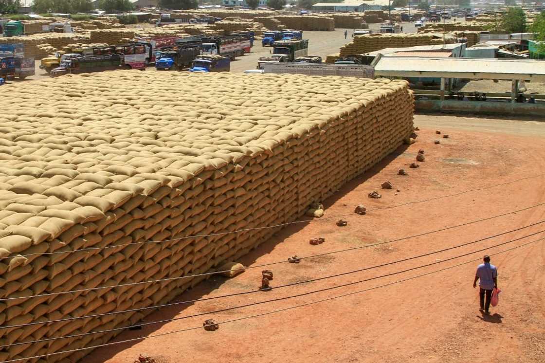 Grain is stacked at a market in Gedaref, eastern Sudan -- but most of the country's agricultural land is out of commission, a research group said Grain is stacked at a market in Gedaref, eastern Sudan -- but most of the country's agricultural land is out of commission, a research group said