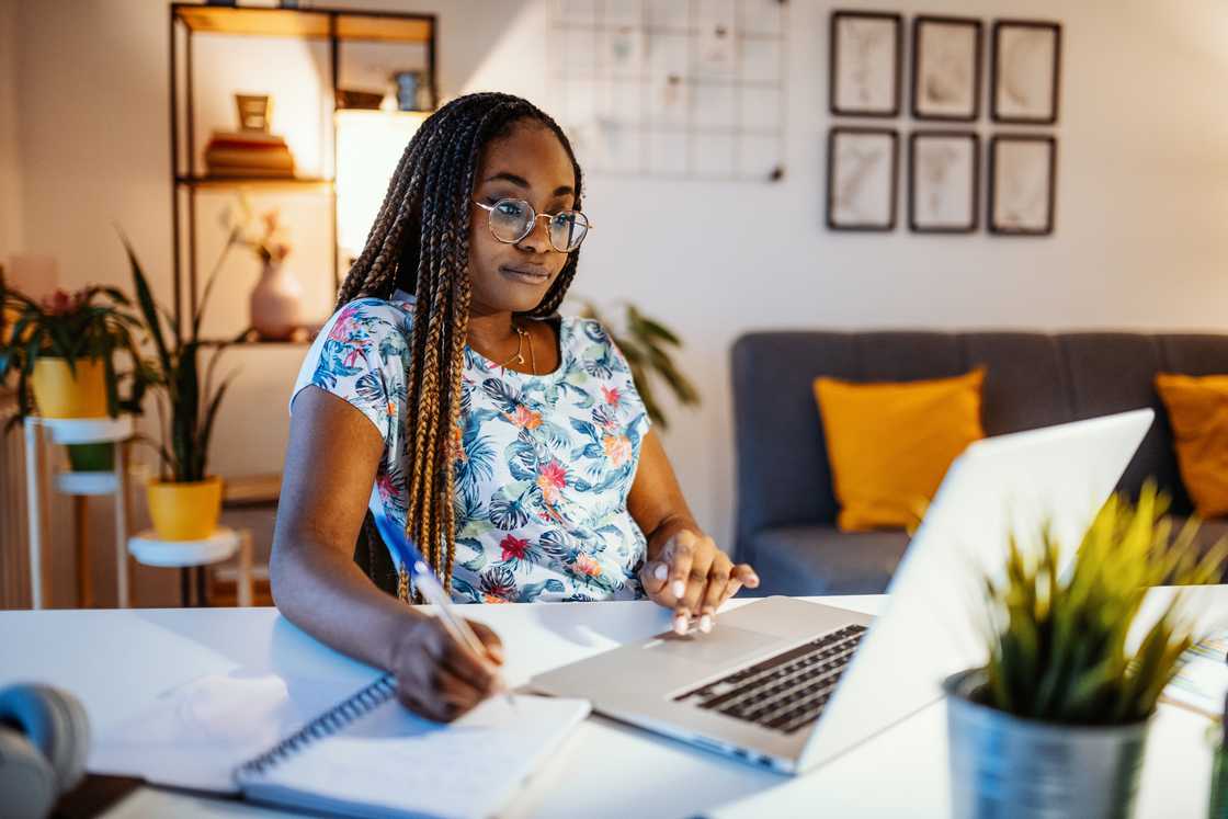 A woman working from home.