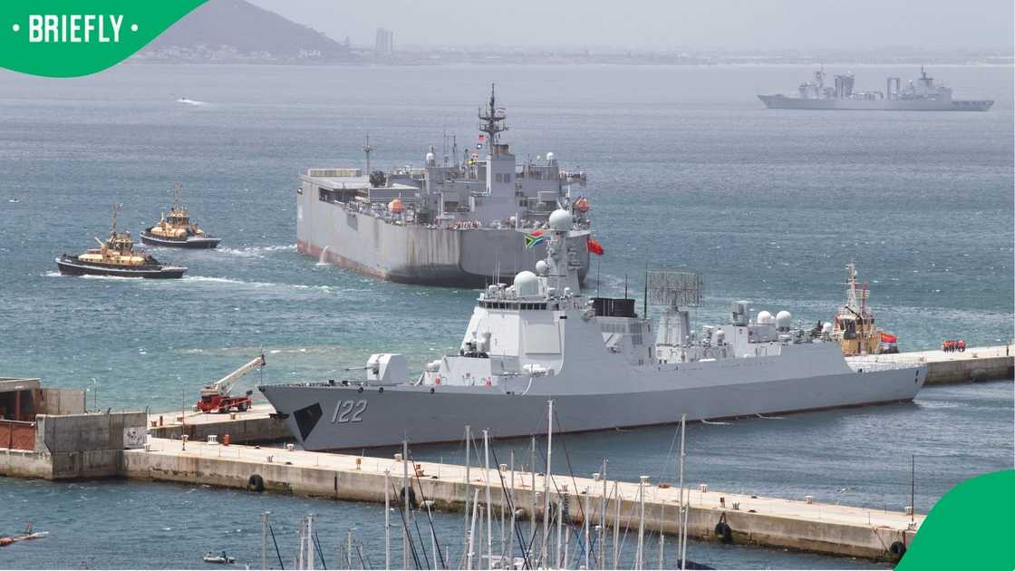 The Chinese guided-missile destroyer Tangshan and the Iranian navy ship, the IRIS Makran 441, in the Simon's Town harbour