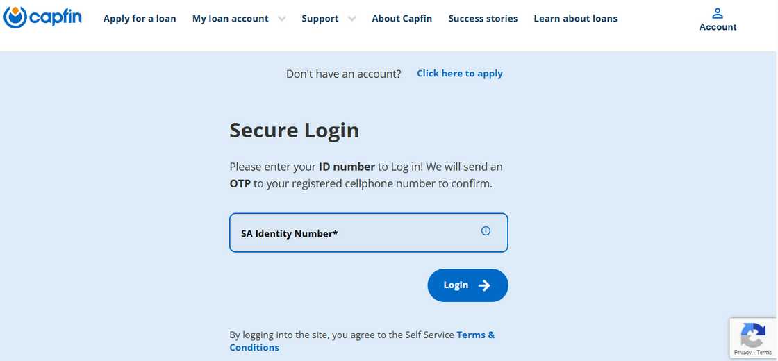 Capfin's customer account's log in page Capfin's customer account's log in page