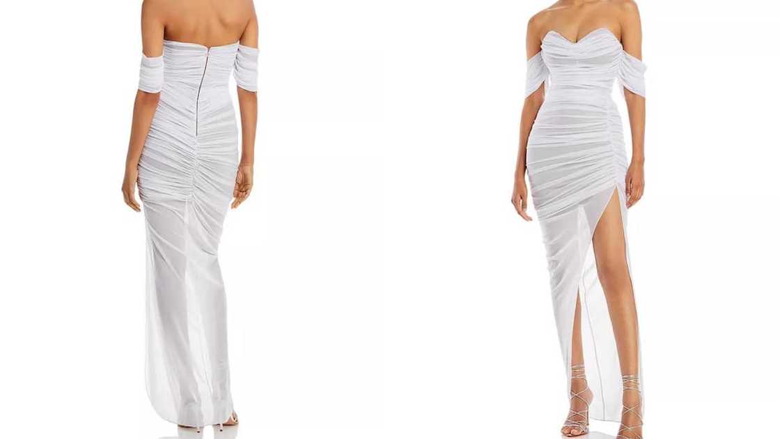 Off-the-shoulder ruched mesh gown with side slit Off-the-shoulder ruched mesh gown with side slit
