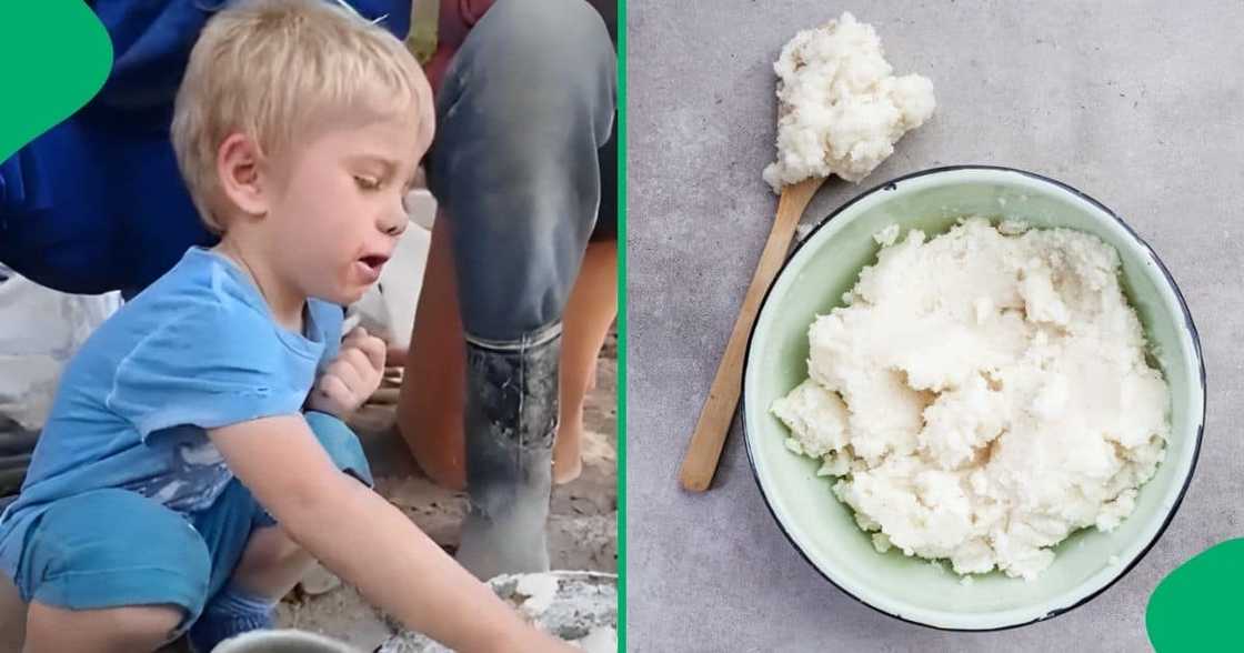 A TikTok video captured a little boy eating pap with a construction crew