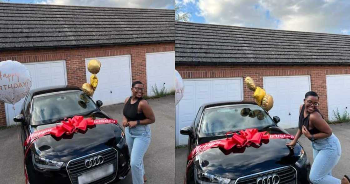 A young lady was overwhelmed by her birthday gift from her parents. A young lady was overwhelmed by her birthday gift from her parents.