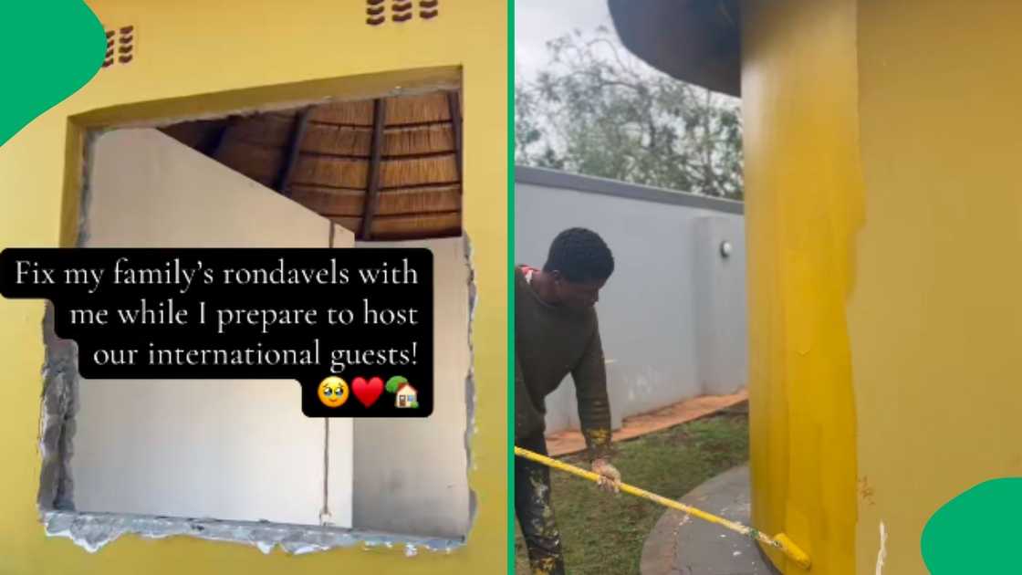 A woman showed her hard at work on her father’s rondavels as part of her special plans
