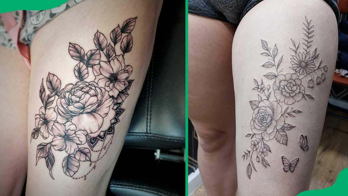 Flower thigh tattoos.