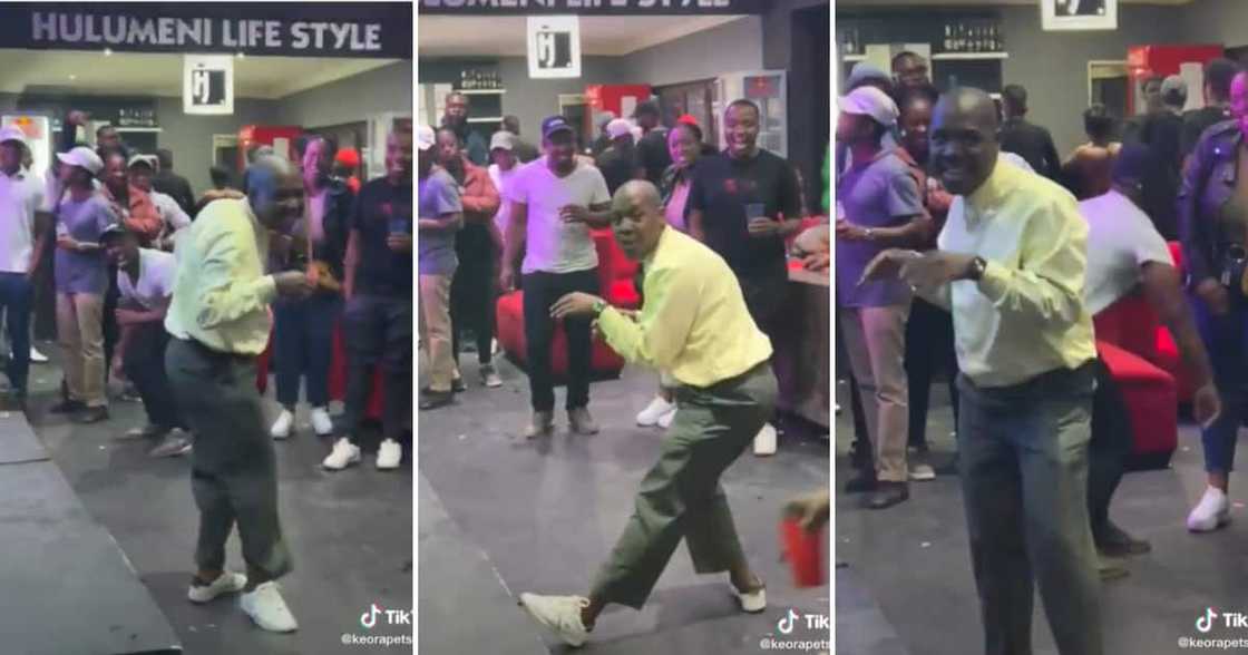 An unruffled gent tore up the dance floor with lit amapiano dance moves. An unruffled gent tore up the dance floor with lit amapiano dance moves.