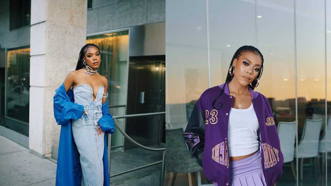 Elaine posing in blue and purple outfits Elaine posing in blue and purple outfits