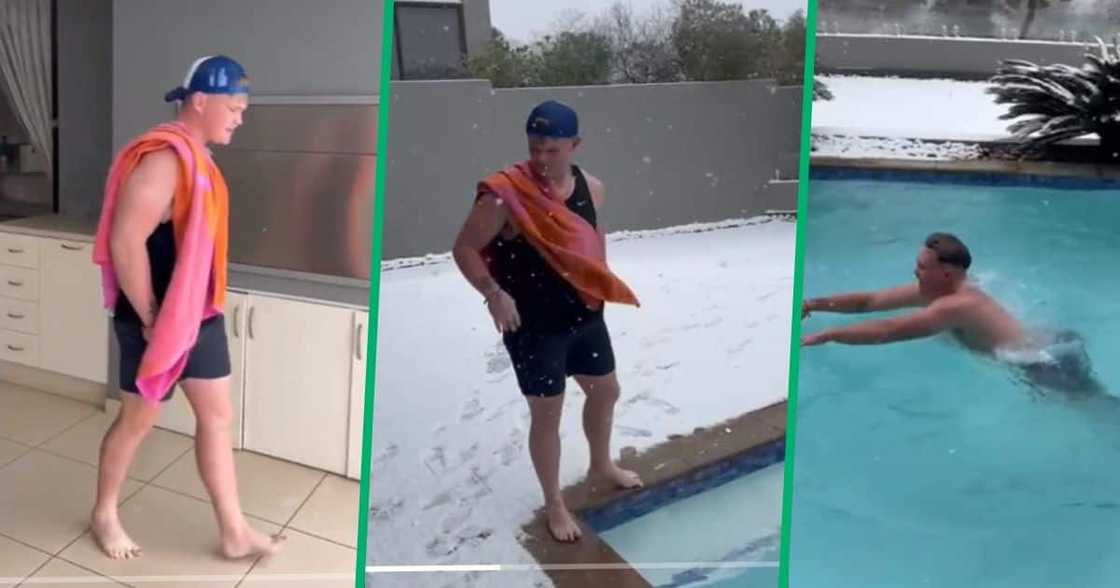 Man decides to go swimming during snowfall