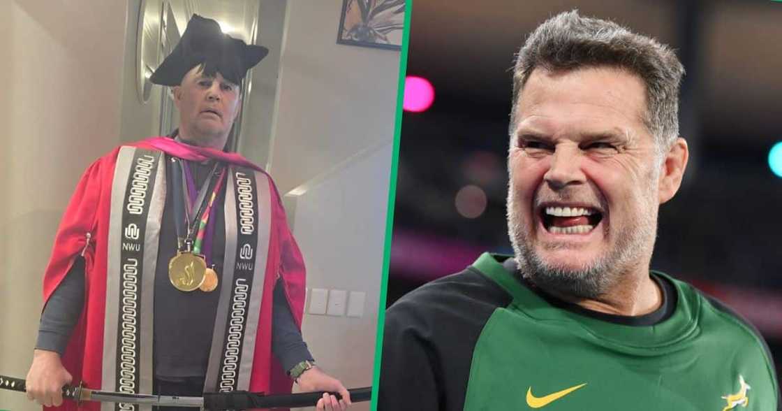 Rassie Erasmus in his graduation cap and gown. Rassie Erasmus in his graduation cap and gown.