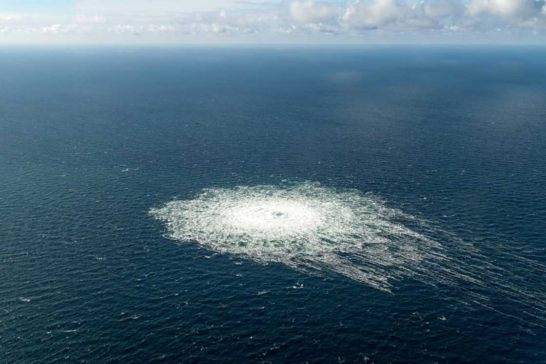 Gas leak from the Baltic sea Nord Stream 2 pipeline -- at the centre of geopolitical tensions as Russia has cut gas supplies to Europe -- in this September 27, 2022 image released by the Danish Defence Command Gas leak from the Baltic sea Nord Stream 2 pipeline -- at the centre of geopolitical tensions as Russia has cut gas supplies to Europe -- in this September 27, 2022 image released by the Danish Defence Command