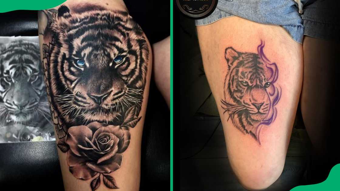 Women's unique thigh tattoos.