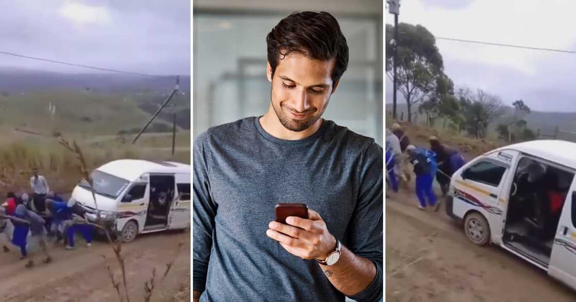 A group of men pulled a taxi up a road. A group of men pulled a taxi up a road.