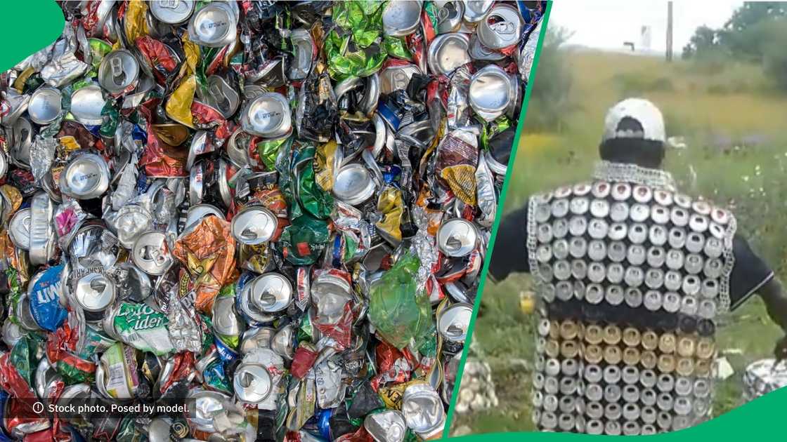 Man shows fashion project using cans Man shows fashion project using cans