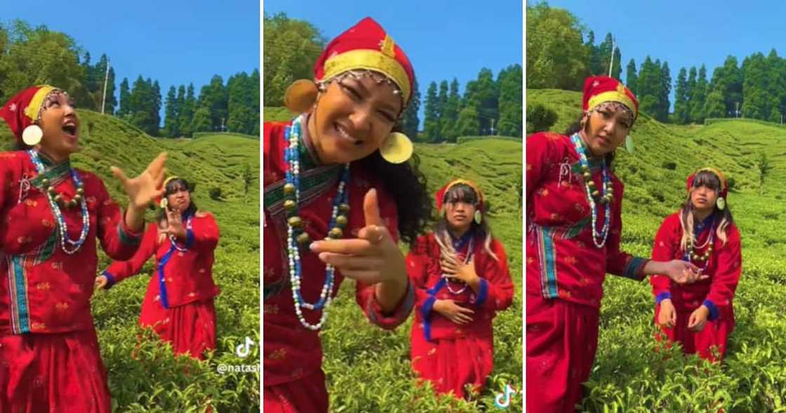 TikTok user @natasha.sherpa shared a video showing two Asian ladies dancing to amapiano in a field