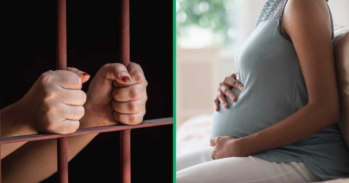 Collage oicture of a woman in jail and a pregnant woman cradling her belly