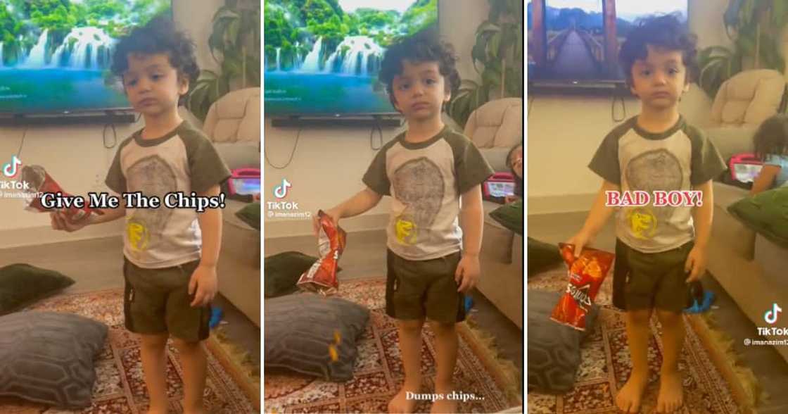 Young boy pouring chips on to the floor Young boy pouring chips on to the floor