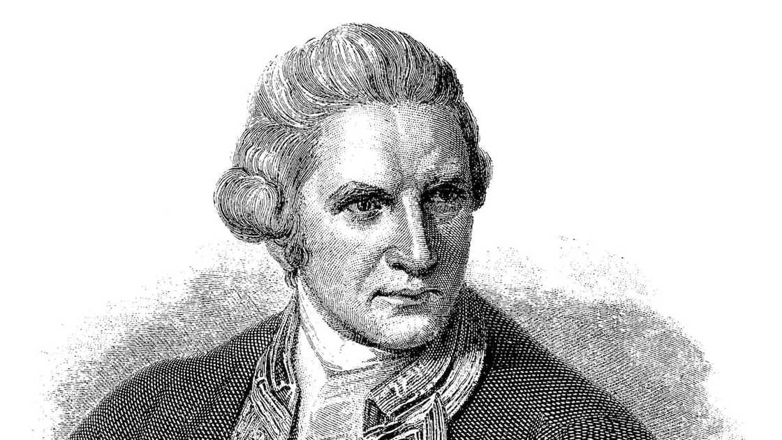 A black and white portrait of British navigator James Cook. A black and white portrait of British navigator James Cook.