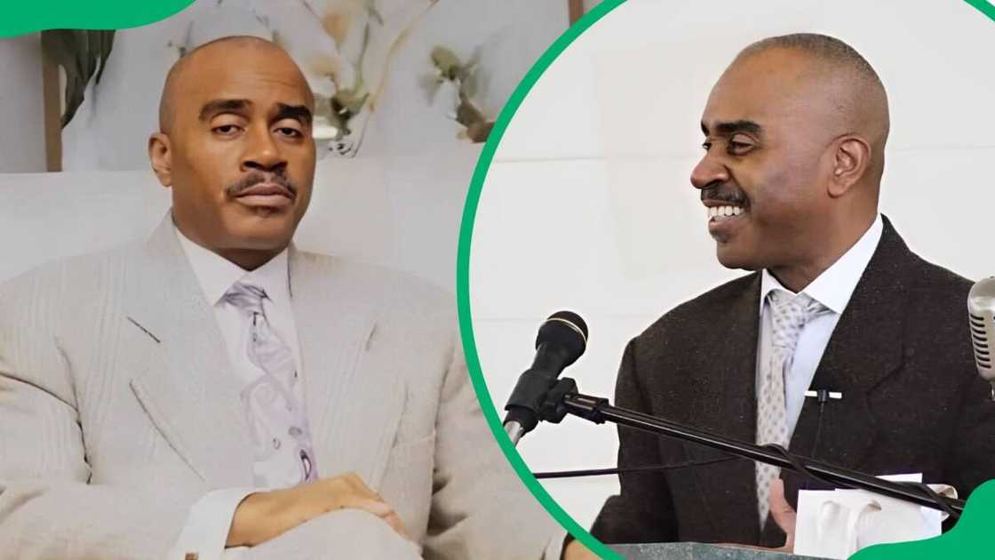 Gino Jennings posing for a photo (L). The pastor smiling at his congregation (R) Gino Jennings posing for a photo (L). The pastor smiling at his congregation (R)