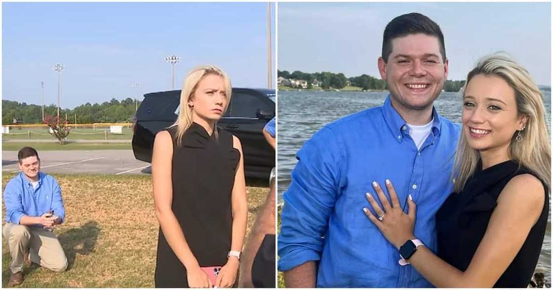 TV reporter Valerie Bell (black dress) at the scene of a breaking news story while her boyfriend, Blake Bjornson, quietly waits behind her, on one knee to propose.