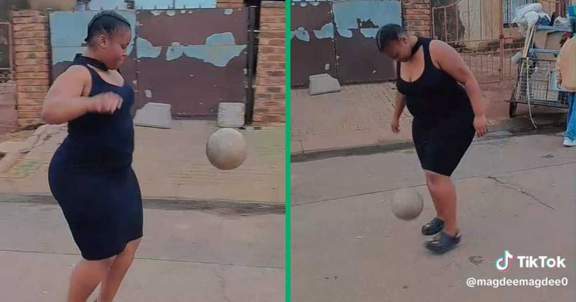 A woman juggled a soccer ball in a TikTok video A woman juggled a soccer ball in a TikTok video