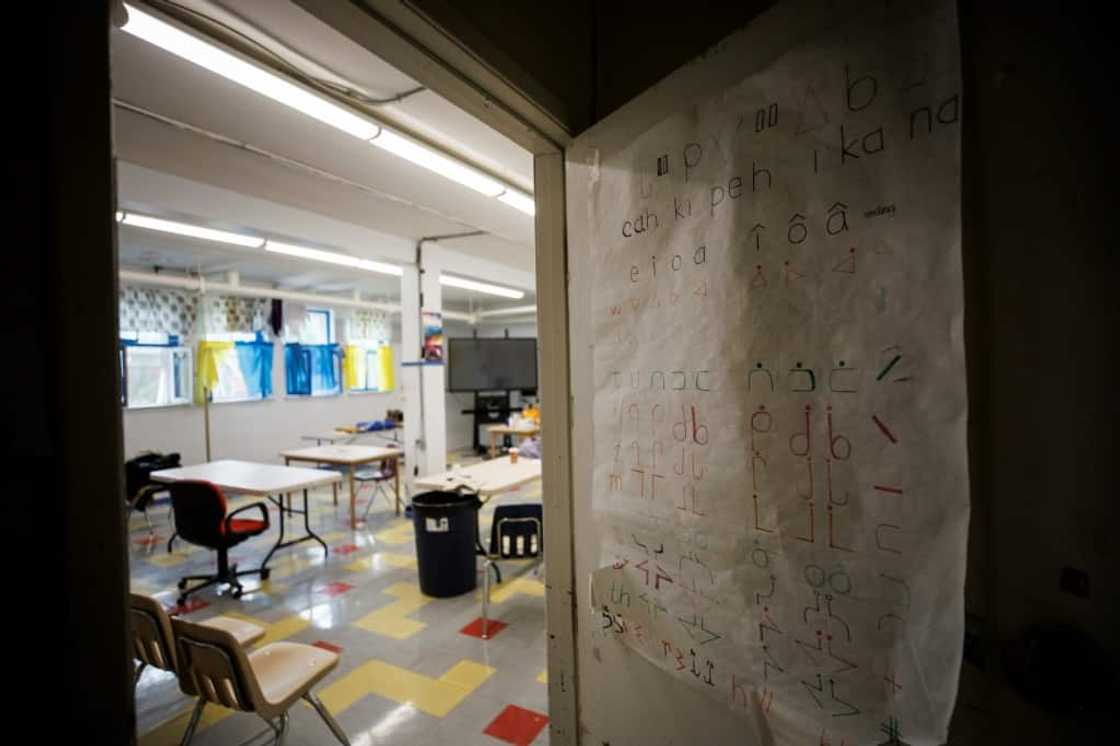 Cree syllabics are posted at the entrance to a classroom at University nuhelt'ine tahiyots'i nistameyimakanak Blue Quills. Indigenous languages were once banned at this former residential school turned First Nation university, in St Paul, Alberta, Canada Cree syllabics are posted at the entrance to a classroom at University nuhelt'ine tahiyots'i nistameyimakanak Blue Quills. Indigenous languages were once banned at this former residential school turned First Nation university, in St Paul, Alberta, Canada