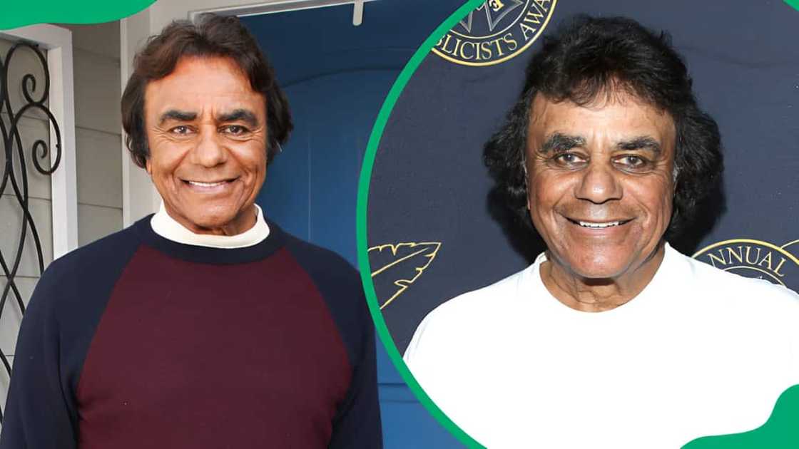 Johnny Mathis at Universal Studios Hollywood in Universal City, California (L). Johnny Mathis in Beverly Hills, California (R).