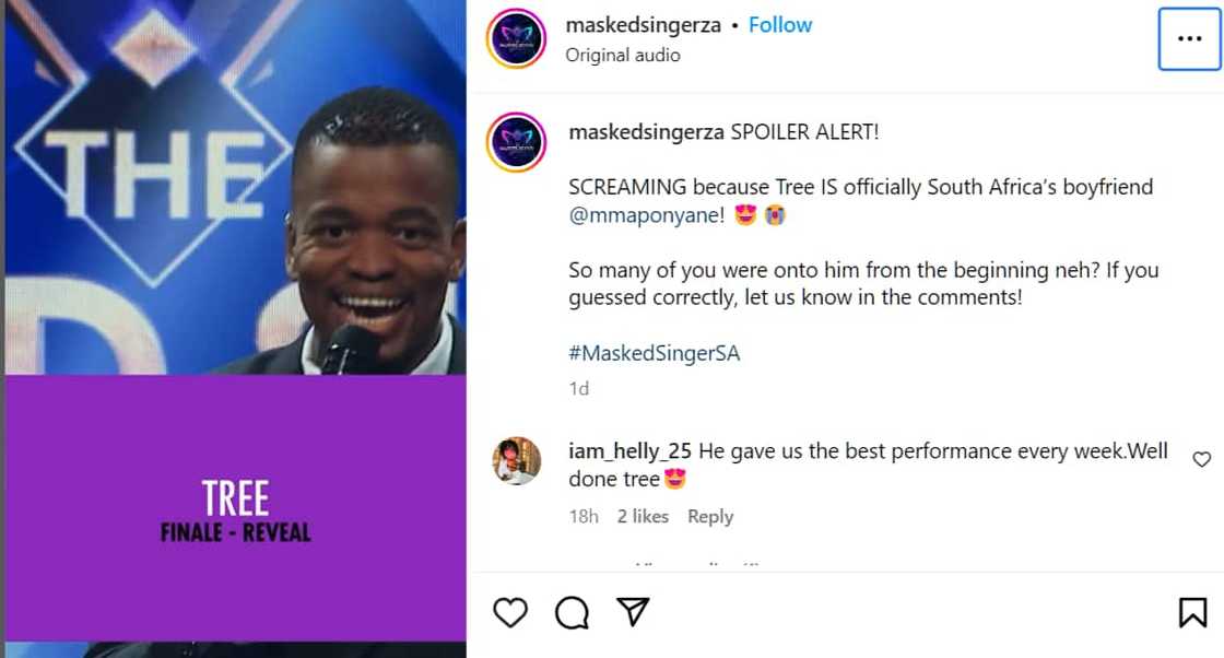 Maps maponyane revealed on 'The Masked Singer SA' as the Tree on Saturday, 26 August 2023. Maps maponyane revealed on 'The Masked Singer SA' as the Tree on Saturday, 26 August 2023.