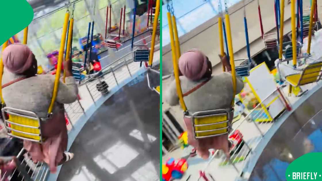 Mzansi was left smiling after a video of a gogo calmly riding a children’s swing at a theme park went viral on TikTok