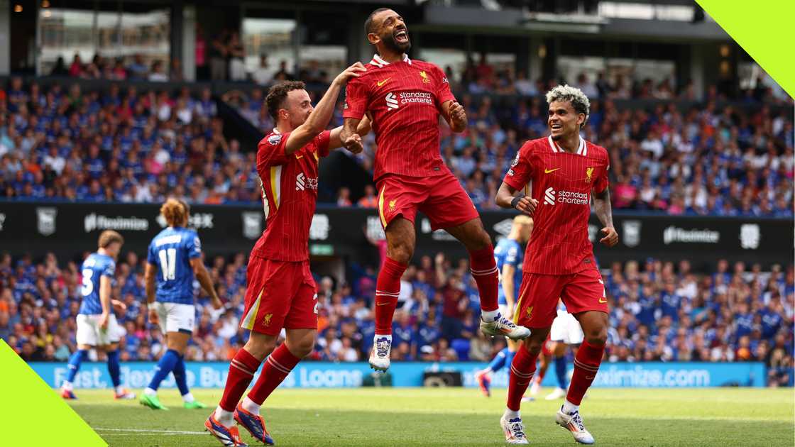 Mohamed Salah celebrates his first Premier League goal of the season for Liverpool. Mohamed Salah celebrates his first Premier League goal of the season for Liverpool.