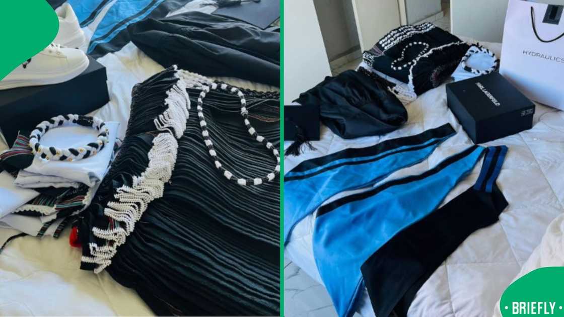 A graduate proudly displayed her full graduation outfit, including sneakers and traditional Xibelani attire A graduate proudly displayed her full graduation outfit, including sneakers and traditional Xibelani attire