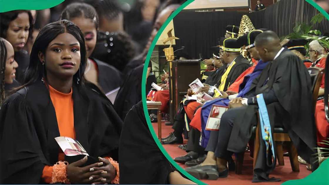 UKZN graduates on their graduation day and members of the academic staff on the dais on the same graduation day