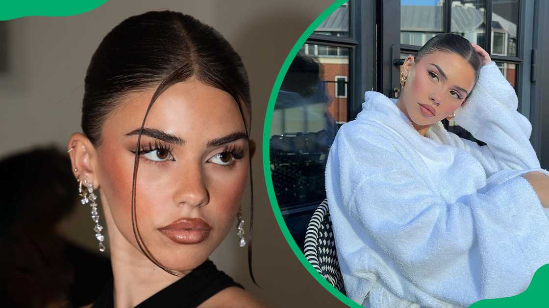 Leah Halton poses in a black dress and in a white robe Leah Halton poses in a black dress and in a white robe