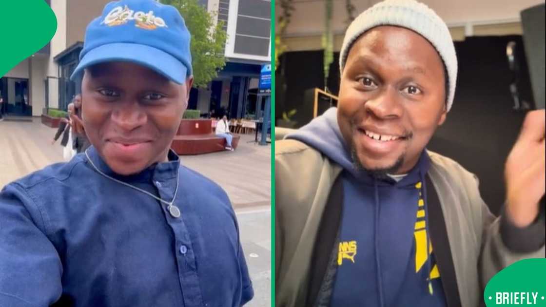 The man on the left was smiling while taking a selfie outdoors near a modern building The man on the left was smiling while taking a selfie outdoors near a modern building