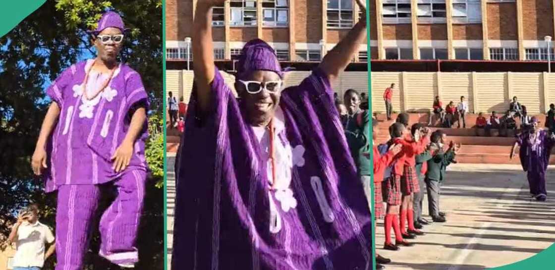 Nigerian teacher in South Africa storms school in native attire.