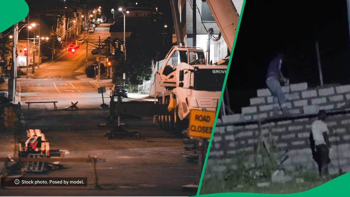 Men work on building site at night in TikTok video Men work on building site at night in TikTok video