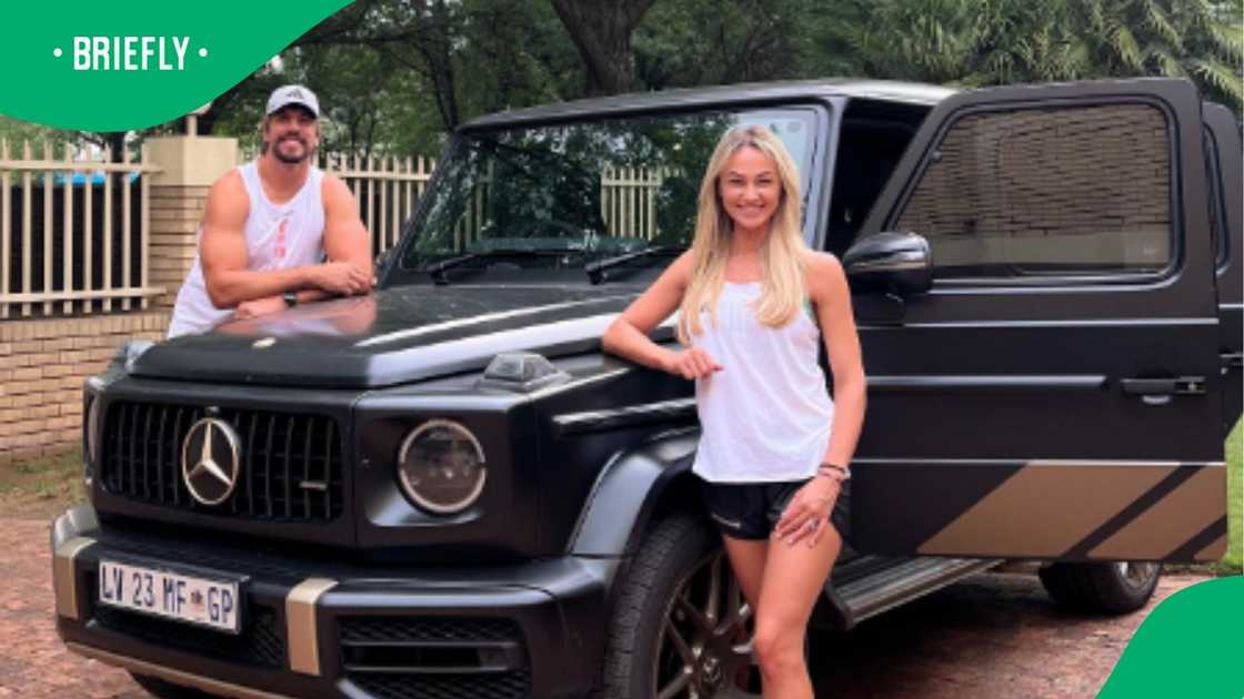 Eben Etzebeth and his wife Anlia draw attention from Rachel Kolisi and their fans after posing with a Mercedes-Benz G63 Grand Edition.