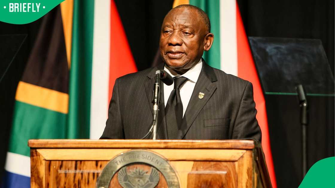 President Cyril Ramaphosa giving a speech. President Cyril Ramaphosa giving a speech.